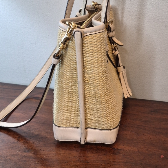 Coach Mollie Tote Straw with Beige Leather Trim and Tassel Crossbody - Picture 5 of 16